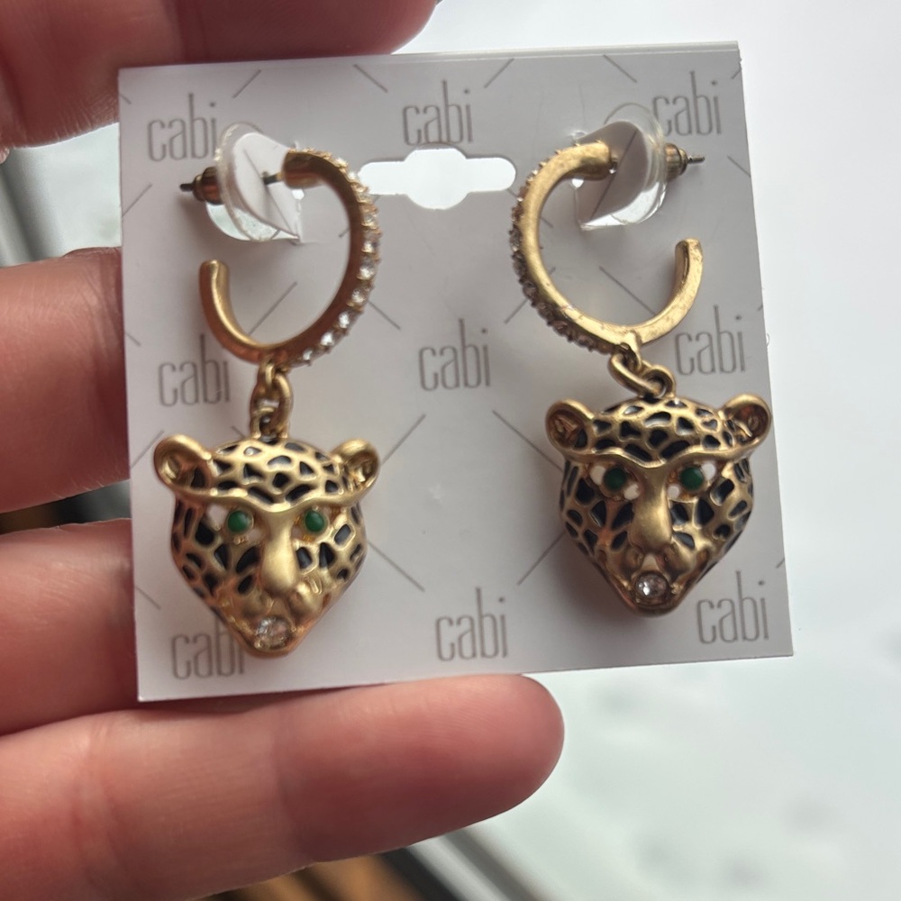 CAbi Gold Leopard Head Earrings with Green Accents